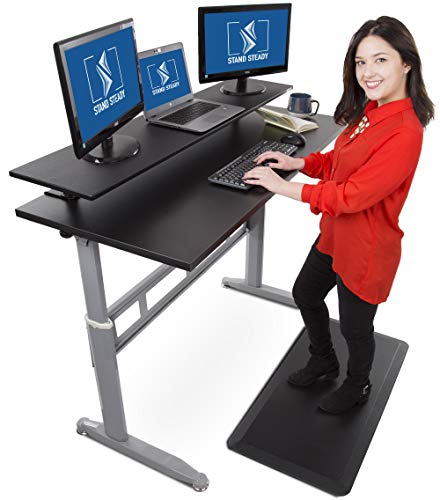 Stand Steady Tranzendesk 55 Inch Standing Desk with 55 Inch Clamp On Shelf – Easy Crank Stand Desk and Attachable Monitor Riser Stand Supports 3 Monitors and Adds Desk Space!
