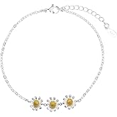 Dainty Daisy Flower Link Bracelet Cute Sweet Silver Plated Sunflower Charm Adjustable Chain Bracelets Exquisite Three Flowers Floral Summer Beach Jewelry Birthday Gifts for Women Daughters Girlfriend
