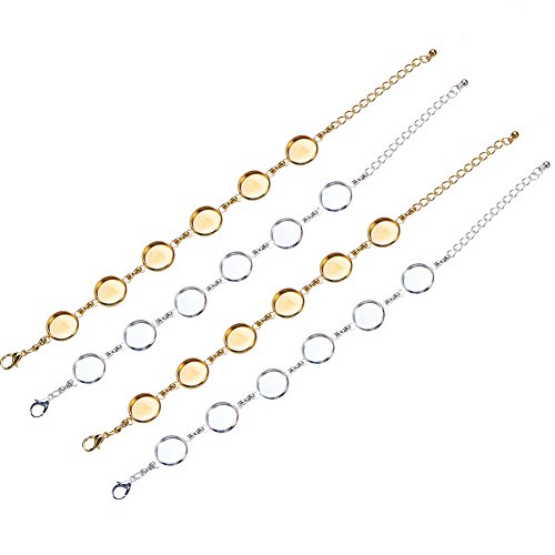 PH PandaHall 10 PCS Adjustable Brass Bracelet Chain, 12mm Round Blank Cabochon Base Adjustable Blank Bangle with 6 Pads Round Jewelry Disc Base Bezel Tray, Silver & Golden