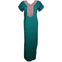 Mogul Interior Womens Maxi Dress Caftan Neck Embroidered Cotton Boho Summer Kaftan Nightgown L