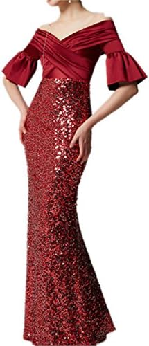 Women's V Neck Satin Evening Prom Gowns Sequins Long Wedding Dress