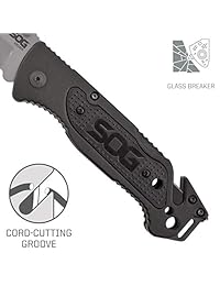 SOG Escape FF24 CP cuchillo plegable (cortacorreas y rompecristales integrados, con mango de aluminio y resistente hoja de 3,4 pulg. recubierta)