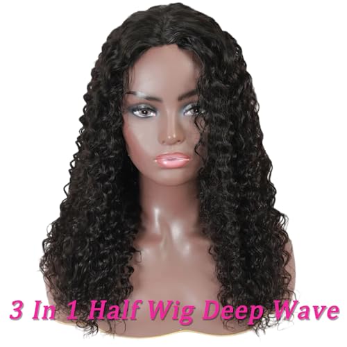 Brazilian Half Wig Human Hair 200 Density 3 in 1 Seamless Flip Over Wig Women's Natural Hair Human Hair Deep Wave Glueless Headband Wig with Drawstring Beginner Friendly 28 Inches