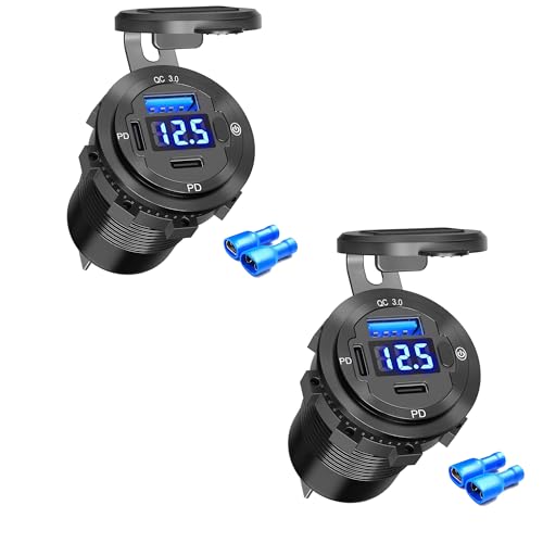 12V USB Car Socket, 3-Port Marine Aluminum USB Quick Charge Waterproof Cigarette Round USB C 12V Outlet for Car Golf Cart Boat Marine Bus Truck RV Marine Motorcycle etc(2PD+1QC(2Pack))