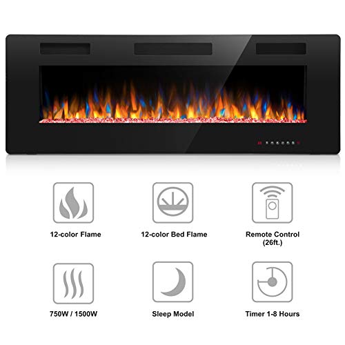 image for Joy Pebble 50 Inches Electric Fireplace, in-Wall Recessed and Wall Mou
