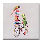 SEVEN WALL ARTS - 100% Hand Painted Oil Painting Cute Animal Frog Painting for Living Room Kids Room Decor 24 x 24 Inch (24 x 24 Inch, Frog and Parrot)