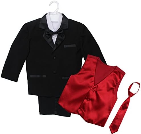 Boy Tuxedo for Kids with Vest, Bow Tie, Black (7 in 1 Combo with Color Vest Set) Red Raspberry 6