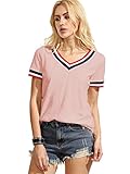 ROMWE Women's Casual Short Sleeve Cute T-Shirt V-Neck Summer Cotton Tops Pink L