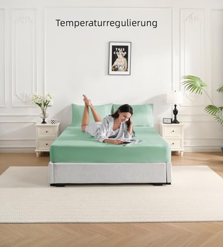 bienDo Fitted Sheet, 160 x 200 cm Bed, Bamboo - Vegan Silk, 400 Thread Count, Pocket 35 cm, Cooling Sheet, Breathable and Soft-Green