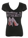 Women's Walking in Authority Rhinestone Bling T-Shirts Black