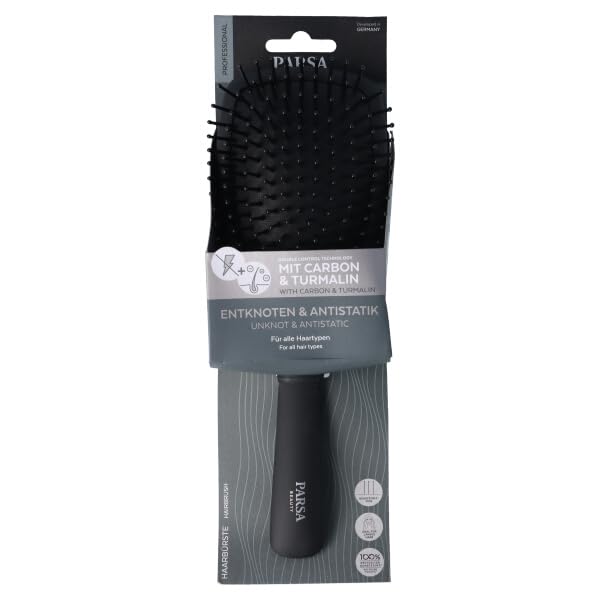 PARSA Beauty Professional Active Ingredient Brush Carbon + Tourmaline (Paddle Brush Large) - Perfect Straightening Without Flying Hair - Detangling Brush with Carbonised Nylon Pins
