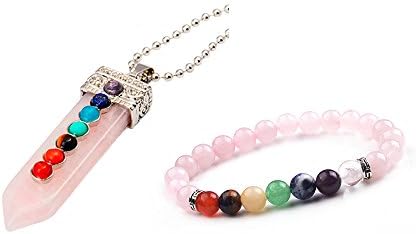 7 Chakra Stones Pendant Necklace Healing Point Fashion Pendant 60CM Bead Chain and 8MM Beaded Bracelet Set