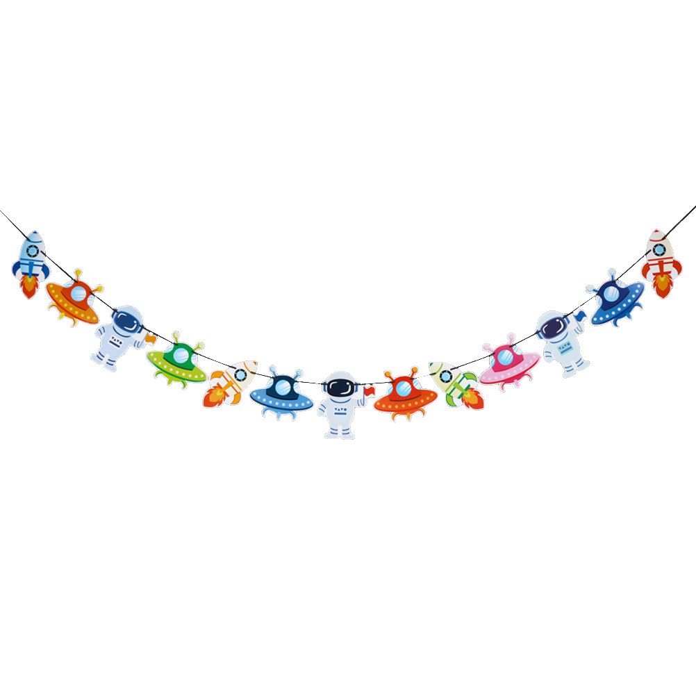 Amosfun Bunting Paper Garland Spaceman Rocket Spacecraft Hanging Banner Decorative Cartoon Garland for Kids Birthday Party
