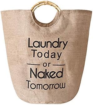 L G M 最新 コットンリネンランドリーバスケット 家庭用大型折りたたみ収納袋 竹ハンドル洗濯物用かご Brown Color