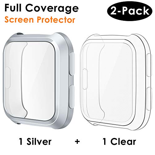 EZCO Compatible Fitbit Versa Screen Protector Case (2-Pack), Soft TPU Plated Case All-around Protector Screen Cover Bumper Compatible Fitbit Versa Smart Watch, Silver+Clear