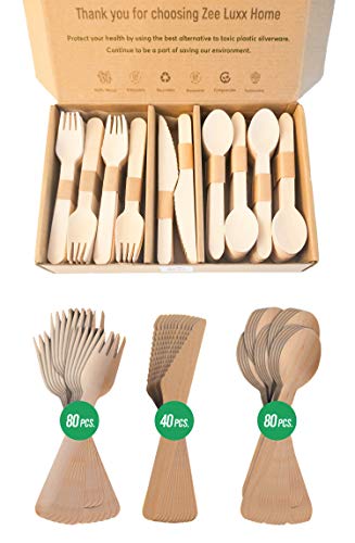 Disposable Wooden Forks, Spoons, Knives Set, 200 Count, Alternative to Plastic Cutlery, Biodegradable, Compostable Utensils, Eco-Friendly Cutlery for Birthday Party and Camping by Zee Luxx Home