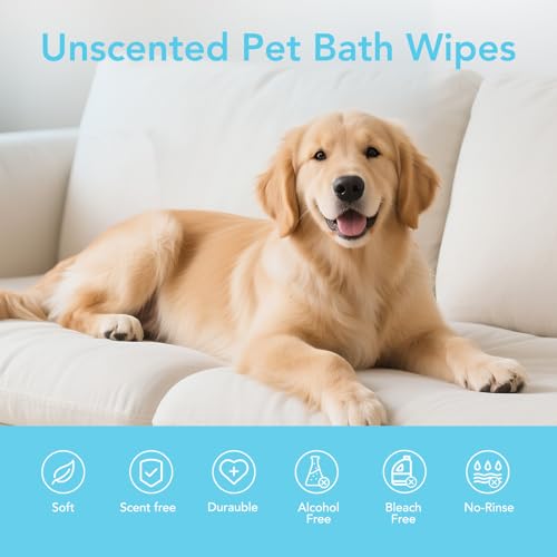 Funfawn Pet Cleaning Glove Wipes for Dogs & Cats - Extra Thick Deodorizing Pet Bathing Wipes - Rinse Free Grooming Wipes for Pet Daily Cleaning and Traveling - Unscented, 20 pcs