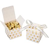 KUPOO 50PCS Favor Boxes,Candy Boxes 2.2x2.2x2.2 Inches Small Gift Boxes with Ribbons for Wedding Baby Shower Decorations Birthday Party Supplies (White with Gold)