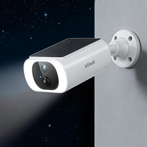 ieGeek Wireless Solar WiFi Surveillance Camera - 2K Camera with Integrated Solar Panel, 5200 mAh Battery, Colour Night Vision, AI Detection, Alarm, Two-Way Audio, IP66, S1