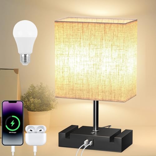 Bacane Table Lamp, Bedside Lamps with 3-Level Dimmable Touch Control, USB Ports (A+C) and 2 Phone Stands, Nightstand Lamp for Bedroom Living Room (Bulb Included, 1 PCS)