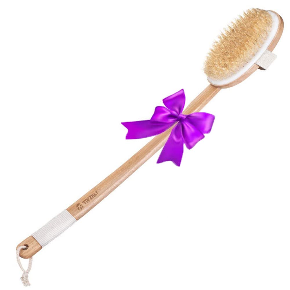 Topzilly Extra Long 51cm Wooden Handle Body Back Scrubber Shower Brush for Exfoliating Skin, Improving Blood Circulation, Cellulite Removal Idea for Men Women