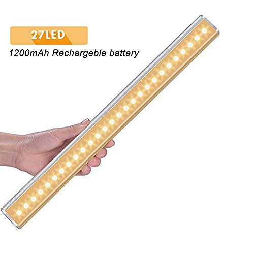 Motion Sensor Light, Wireless Rechargeable 27LEDs PIR Motion Activated LED Night Light Lighting Bar for Corridor Stairway Kitchen Cabinet Closet Drawer Under Counter Cupboard(Warm White)