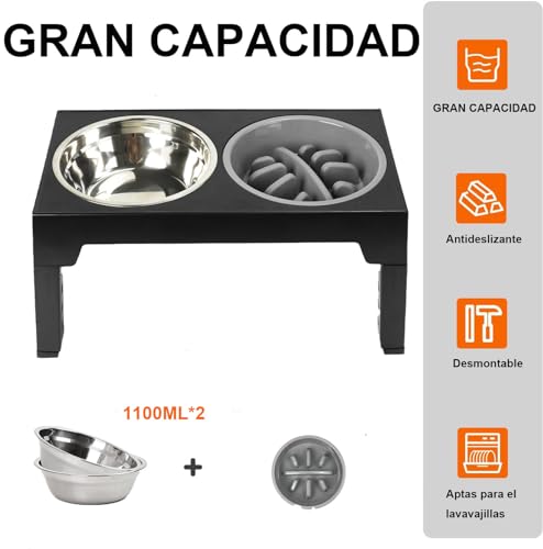 3PCS Comedero para Perro（Stainless steel bowl*2+Plato para Alimentación Lenta*1）, Cuenco Elevado para Perros,Soporte Elevado para Cuencospara Perros y Mascotas pequeños, medianos y Grandes(Negro)