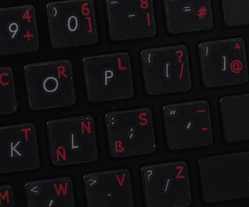 DVORAK PROGRAMMER KEYBOARD LABELS LAYOUT ON TRANSPARENT BACKGROUND WITH BLUE, ORANGE, RED, WHITE OR YELLOW LETTERING (14X14) (Red)