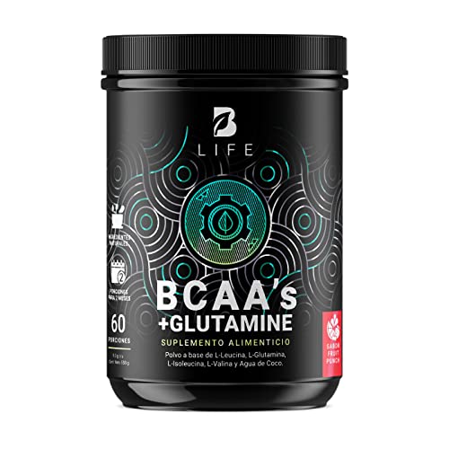 BCAAs con Glutamina en polvo con 60 Porciones. Leucina, Isoleucina, Valina, Glutamina y Agua de Coco. BCAAs + Glutamine Sabor FRUIT PUNCH 558 Gramos B Life.
