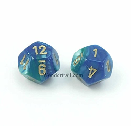 WCXPG1259E2 Blue And Teal With Gold Numbers D12 Aprox 16mm (5/8in) Pack of 2 Dice Chessex