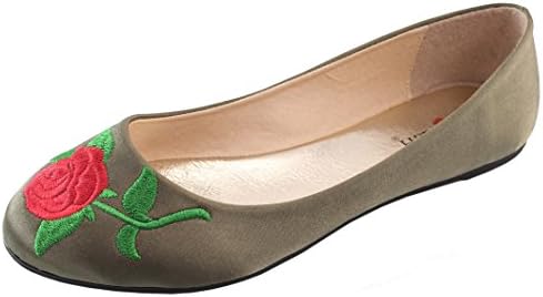 Elegant Footwear Women's Embroidered Rose Floral 90s Round Toe Ballet Flat (8 B(M) US, Olive)