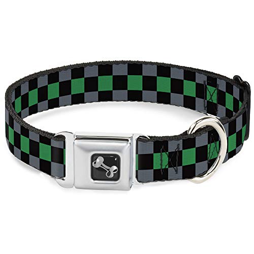 Buckle-Down Checker Black/Gray/1 Green Dog Collar Bone, Small/9-15"
