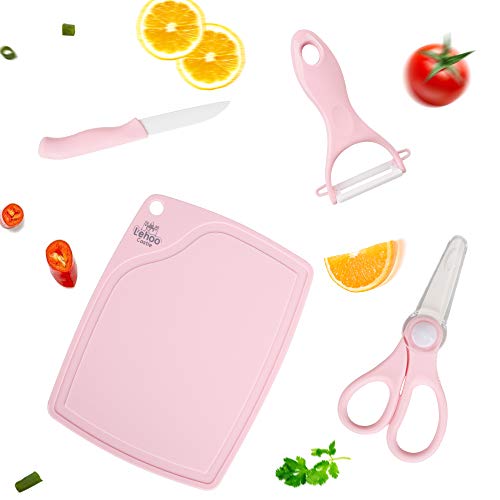 Lehoo Castle Ceramic Knife, Ceramic Scissors Baby Food, Fruit Peeler and Cutting Board 4 pcs Kitchen Set, Stainless Baby Scissors with Cover, Portable Safety Food Cutter (Pink) - Thumbnail 6