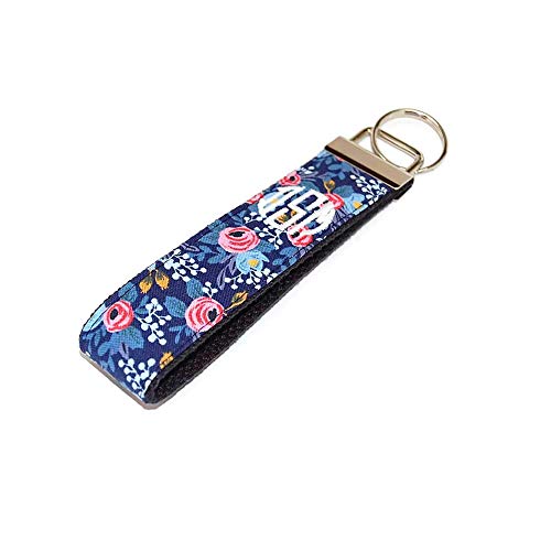 Monogrammed Navy and Coral Flowers Keychain Fabric Key Fob