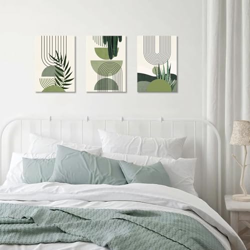 3 Pieces Modern Paintings Sage Green Boho Print on Canvas with Frame Abstract Aesthetic Green Plant Canvas Painting Wall Poster Wall Decor Living Room Bedroom 30 x 40 x 3