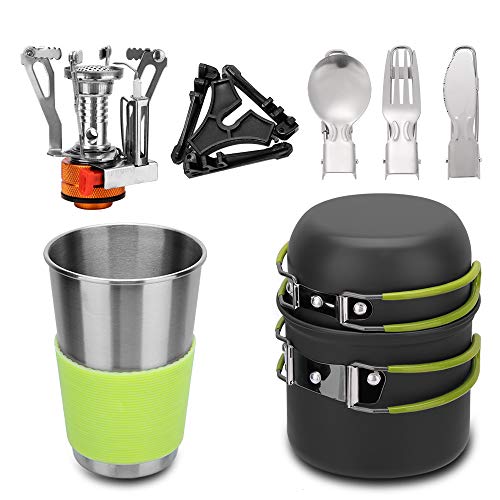 Lion 10pcs Portable Camping Cookware Mess Kit，Lightweight Pot Stove Tank Bracket Knife Fork Spoon and Cup for Outdoor Camping Backpacking Hiking and Picnic