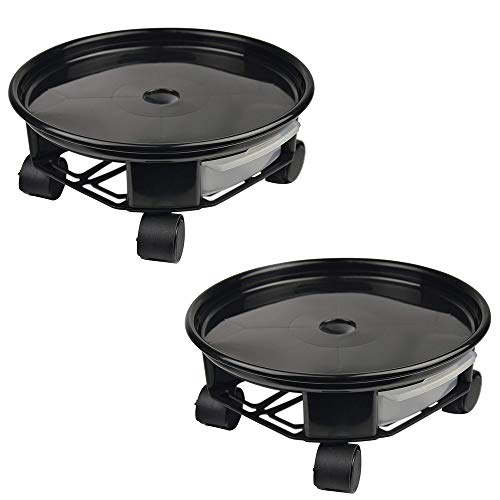 2 Pack Plant Caddy, Round Potted Plant Stand on Wheels, Flower Pot Rack on Rollers Dolly Trolley Saucer Tray Pallet with Universal Wheels and Water Container for Indoor Outdoor Home Garden,13.8″ Black