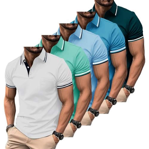 ZITY Polo Shirt for Men 5 Pack Short Sleeve Polo Shirt Golf Work Breathable Casual T-Shirt with Pocket Summer 5 Pack T Shirt for Holiday