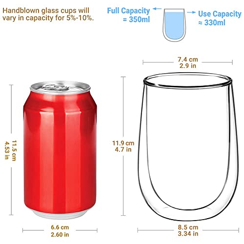 glastal 350ml*4 Glass Coffee Cups, Double Wall Transparent Glasses, Borosilicate Glass Cups for Coffee Milk Tea Latte Macchiato and More
