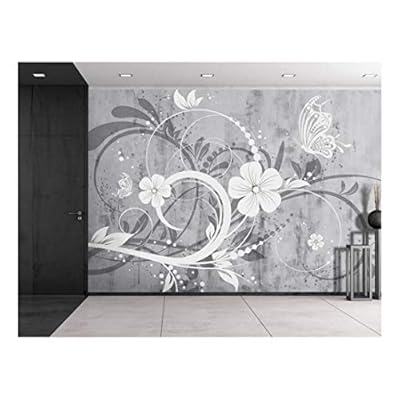 Spiral Floral Graphic on a Grayscale Grungy Texture with a Vignette Effect Around It - Wall Mural, Removable Vinyl Wallpaper, Home Decor - 100x144 inches