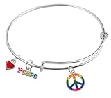 Expandable Bangle bracelet with Retro Rainbow Colored Peace Sign, Retro "Peace" and Small Red Heart charms, Qty: 1