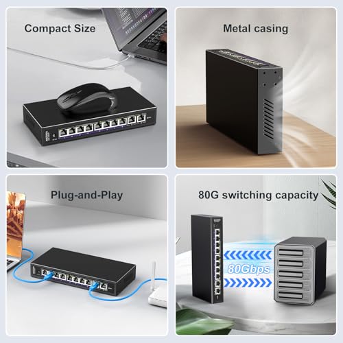 10Gbe Ethernet Switch Unmanaged with 2 x 10Gb RJ45 Ports + 8 x 2.5Gb Base-T Ports, Desktop/Wall Mount NICGIGA 10 Port 10Gbps Network Switch for Wireless AP, NAS, PC