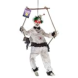 Halloween Haunters Animated 4 Foot Hanging Swinging Circus Clown Ghost Reaper Zombie with Moving Kicking Legs Prop Decoration - Rope Swing, Scary Laugh Sounds, Flashing Evil Red LED Eyes