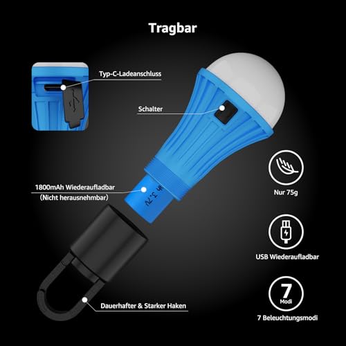 Lepro Rechargeable Camping Lamp, Tent Lamp, Bulb Emergency Light with 7 Light Modes, Pack of 2 for Adventure, Fishing, Garage, Emergency, Power Outage