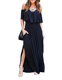 MIDOSOO Vestido largo con volantes y hombros descubiertos con abertura lateral para mujer con bolsillos