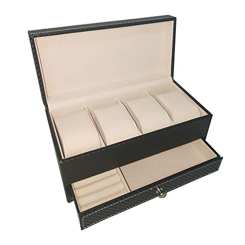 Leather Watch Jewelry Collection Box/Watch case Four Watches can be Placed-Classic Drawer Design for Men and WomenEnvironmentally Friendly Carbon Fiber Material (Black)