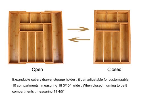ISINO Bamboo Flatware Holder , Wooden Flatware Divider , Home and Kitchen Organizer Tray with 8-10 Slots , Size (11.6"-18.3")L x 17.5"W x2.5"H