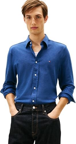 Herren Hemd Knit Pique Featherweight mit Knopfleiste, Blau (Indigo Heather), L