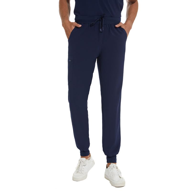 Photo 1 of COZYFIT Scrub Pants for Men - Slim Jogger Pants with 5 Pockets, Yoga Waistband, Anti-Wrinkle Scrubs for Men Navy Blue SM