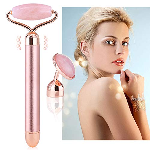 2-IN-1 Electric Jade Facial Roller Massager Nature Rose Quartz Vibrating Face Roller Set Anti Aging Anti Wrinkles Skin Tightening Facial Skin Care Tools Kit